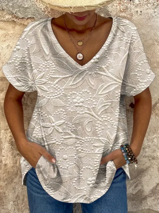 Women's vintage floral texture printed casual V-neck T-Shirt