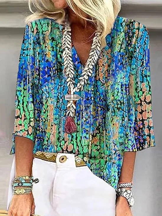 Shawl Collar Floral Elegant Cotton Blouse