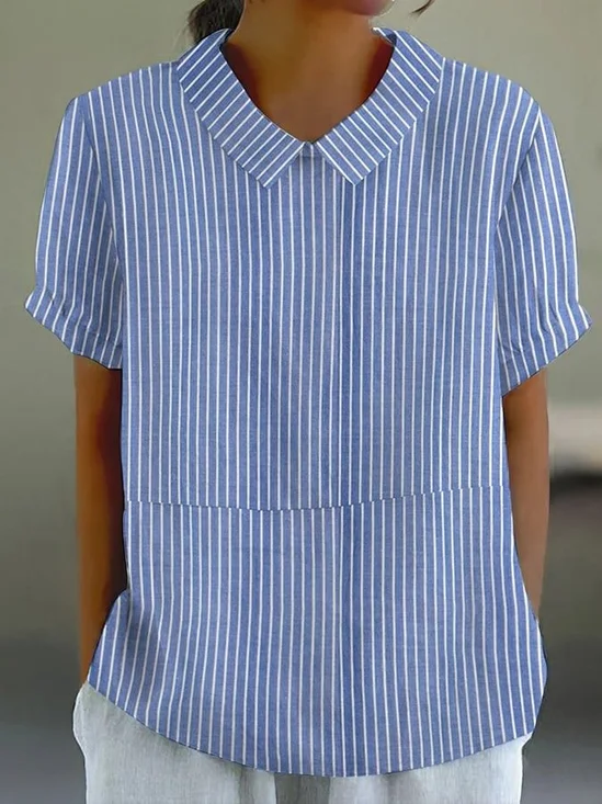 Women's Spring Stripe Print Lapel Short Sleeve Shirt