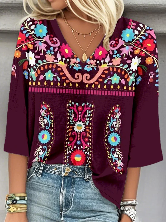 Loose Casual Ethnic Geometry V Neck Blouse
