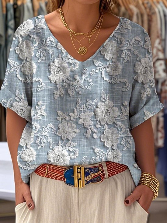 Print Casual V Neck Short Sleeve T-Shirt