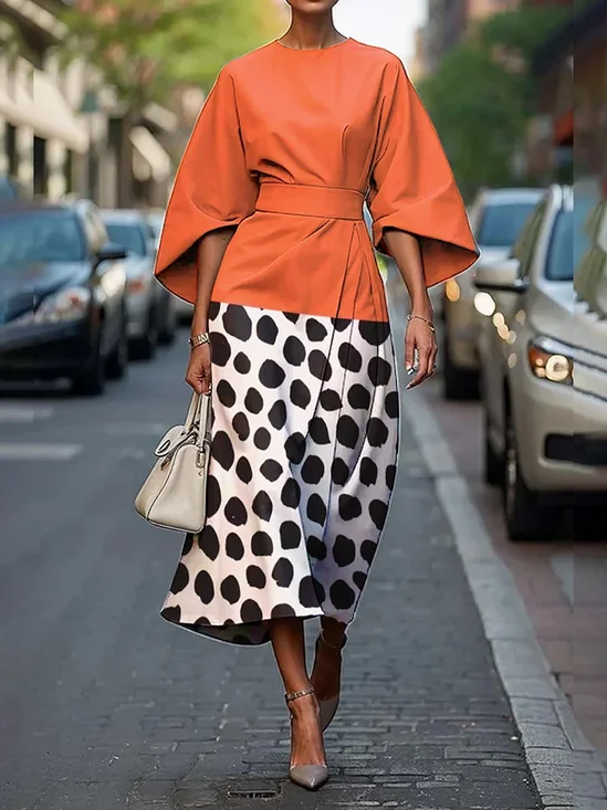 Women's Half Sleeve Summer Orange Polka Dots Printing Crew Neck Daily Going Out Vintage Maxi H-Line Fit & Flare Dress Dress