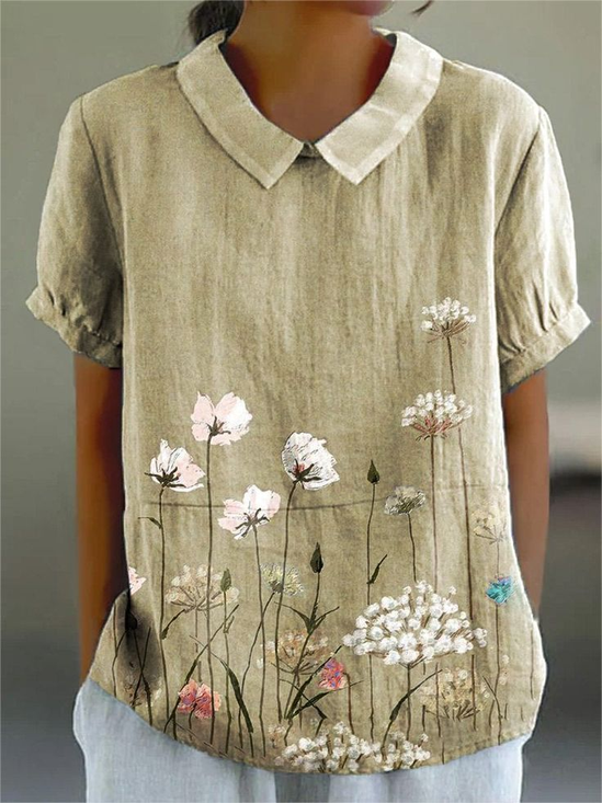 Women's Floral Spring Print Lapel Short Sleeve Shirt
