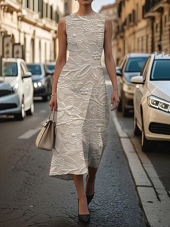 Women's Sleeveless Summer Apricot Floral Printing Crew Neck Daily Going Out Vintage Maxi H-Line Shift Dress Dress
