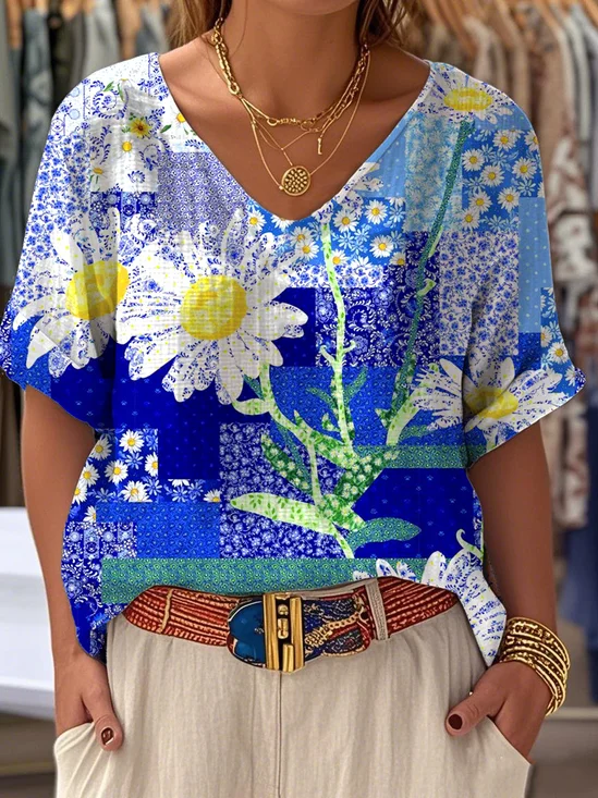 Multicolor Block Loose Casual V Neck Blouse