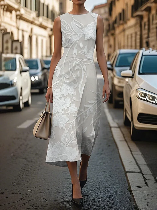 Women's Sleeveless Summer White Floral Printing Crew Neck Daily Going Out Vintage Maxi H-Line Shift Dress Dress