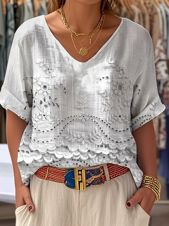 V Neck Casual Plain Loose Blouse