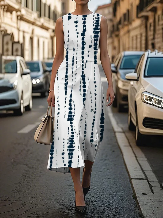 Women's Sleeveless Summer White Striped Printing Crew Neck Daily Going Out Vintage Maxi H-Line Shift Dress Dress