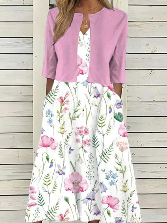 V Neck Urban Floral Regular Fit Two-Piece Set