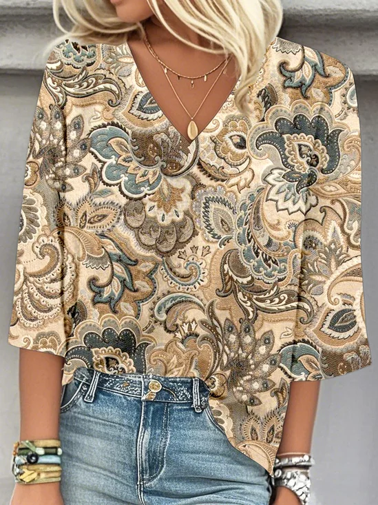 Paisley V Neck Casual Loose Blouse