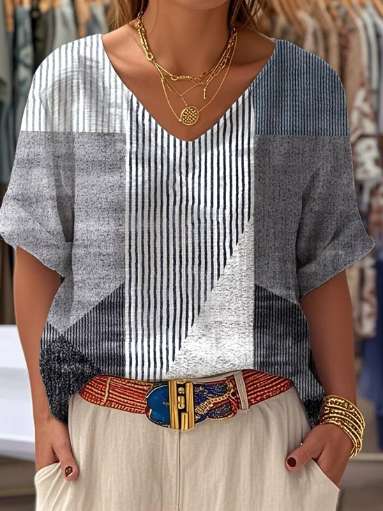 V Neck Cotton Striped Casual Blouse