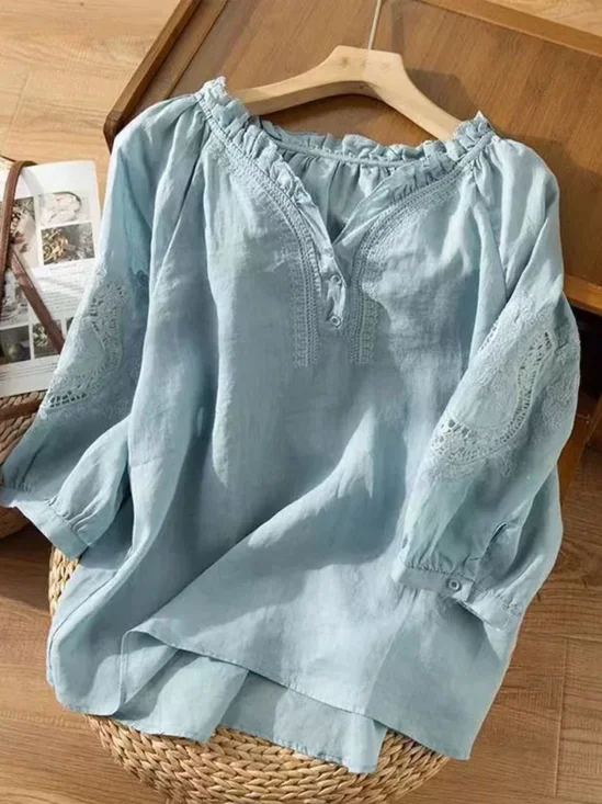 Loose Elegant Lotus Leaf Collar Plain Blouse