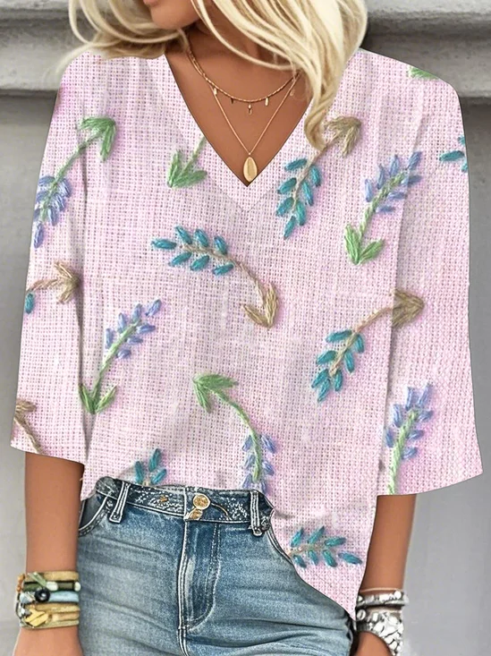 V Neck 3D Printing Loose Casual Blouse