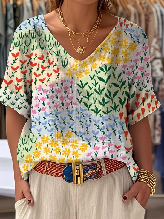 Multicolor Block Casual Loose Cotton Blouse