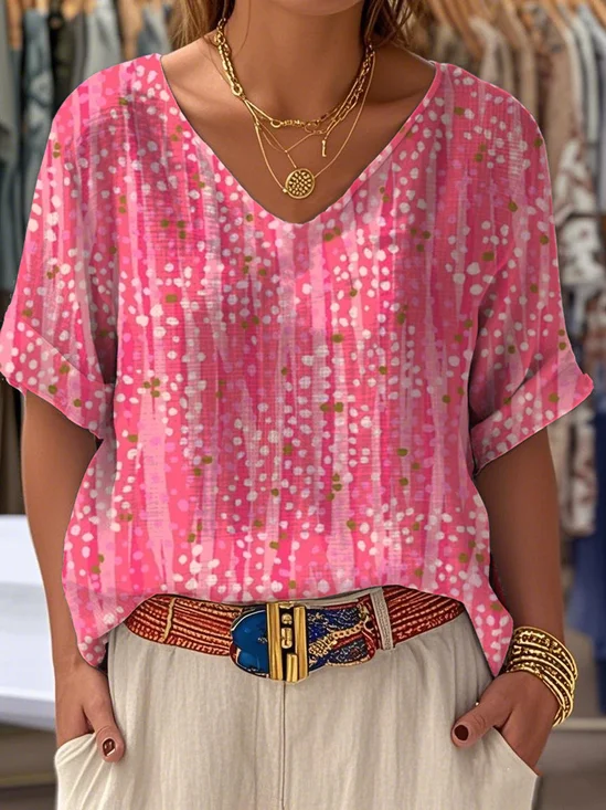 Striped V Neck Casual Cotton Blouse