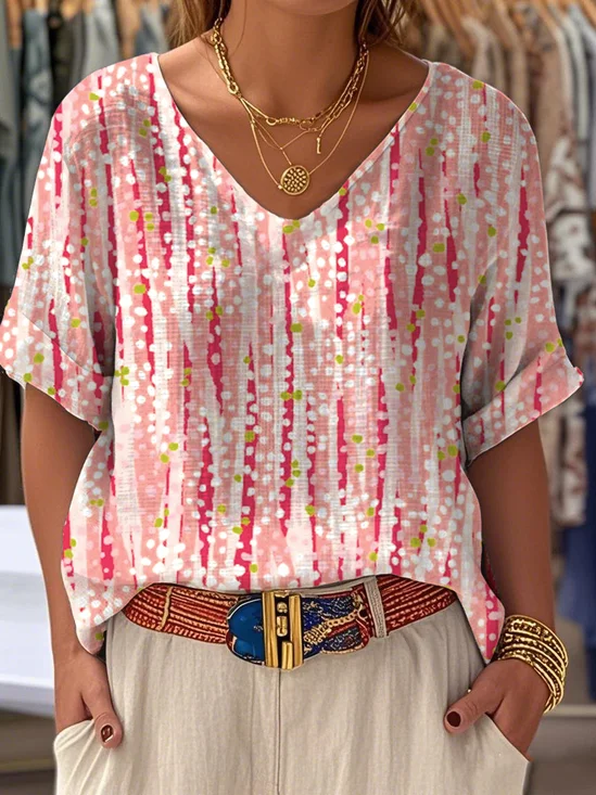 Striped V Neck Casual Cotton Blouse