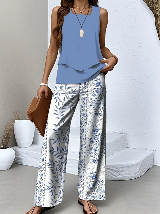 Crew Neck Geometric Regular Fit Casual Two-Piece Set With No