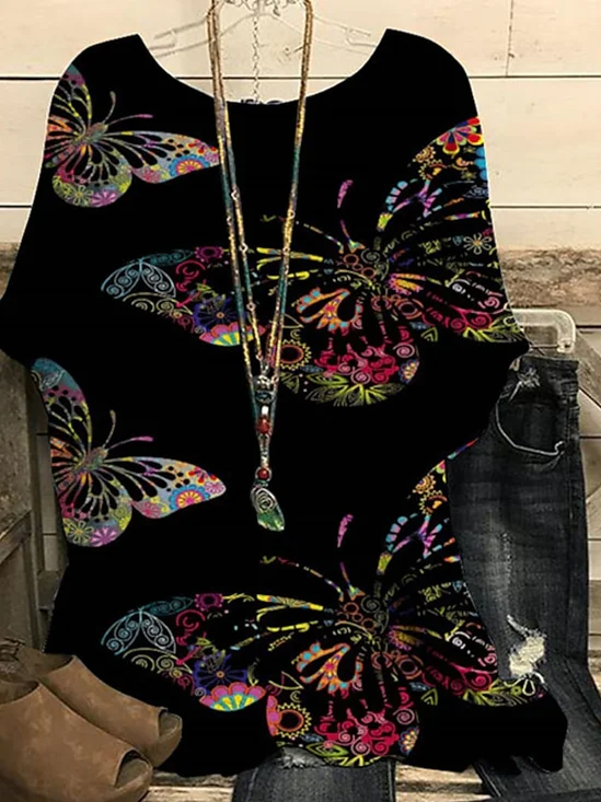 Simple Crew Neck Dolman Sleeve Linen Butterfly T-Shirt