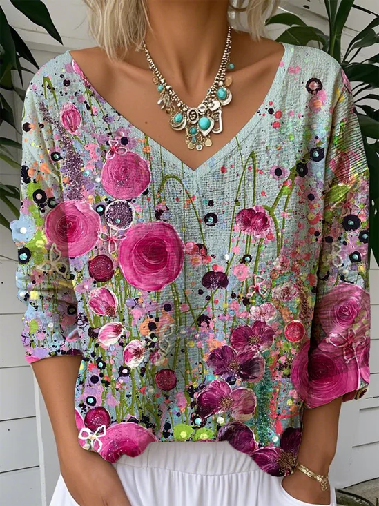 Gradient Pattern Casual Jersey V Neck T-Shirt