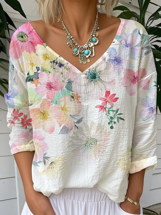 Casual Loose V Neck Gradient Pattern T-Shirt