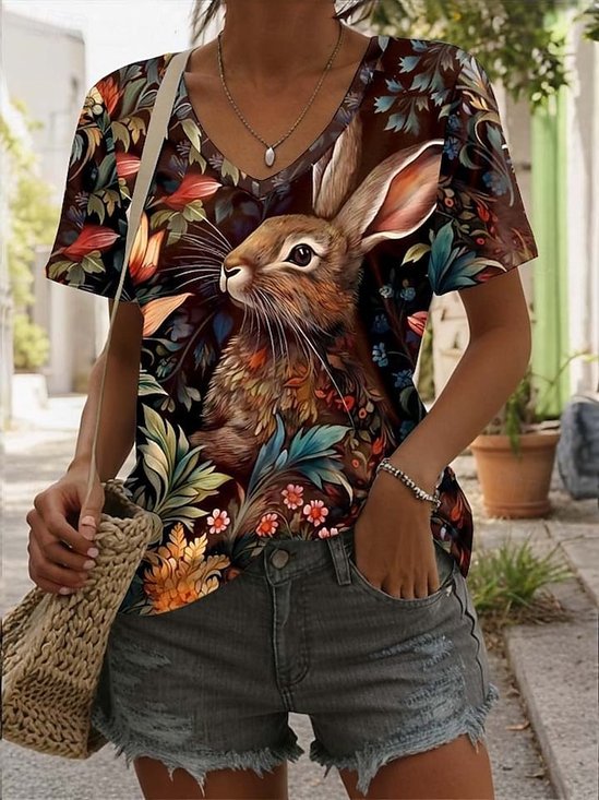 Women's Vintage Bunny Print Casual V Neck Cotton-Blend Easter T-Shirt