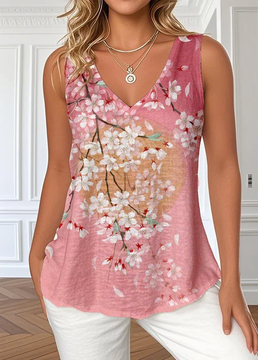 V Neck Casual Floral Loose T-Shirt