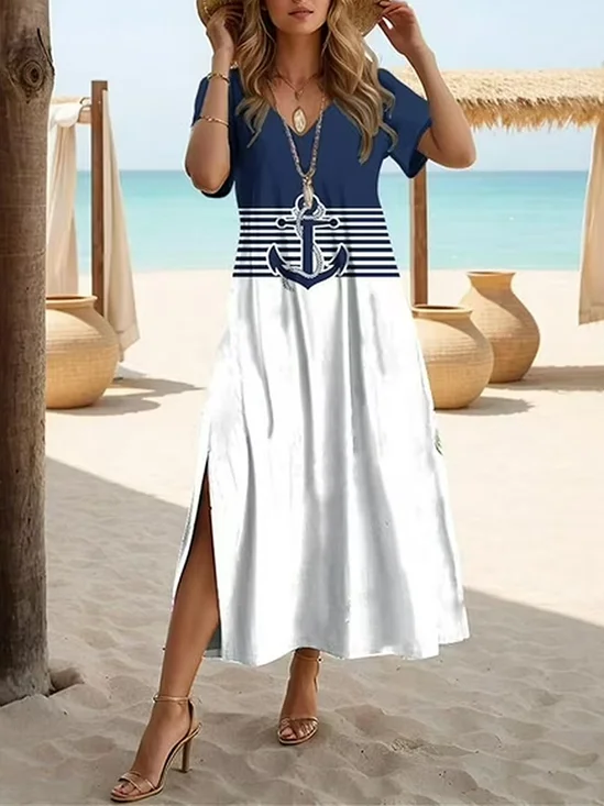 Women's Anchor Print Casual V-Neck Short Sleeve Dress