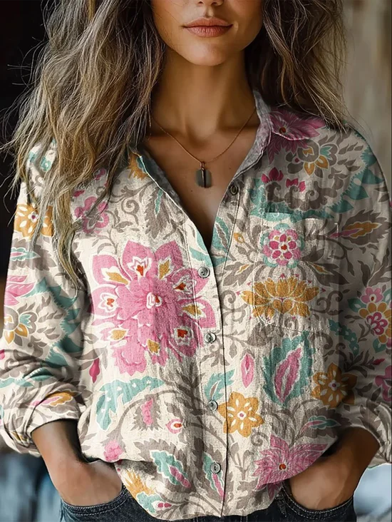 Ethnic Shawl Collar Loose Shirt