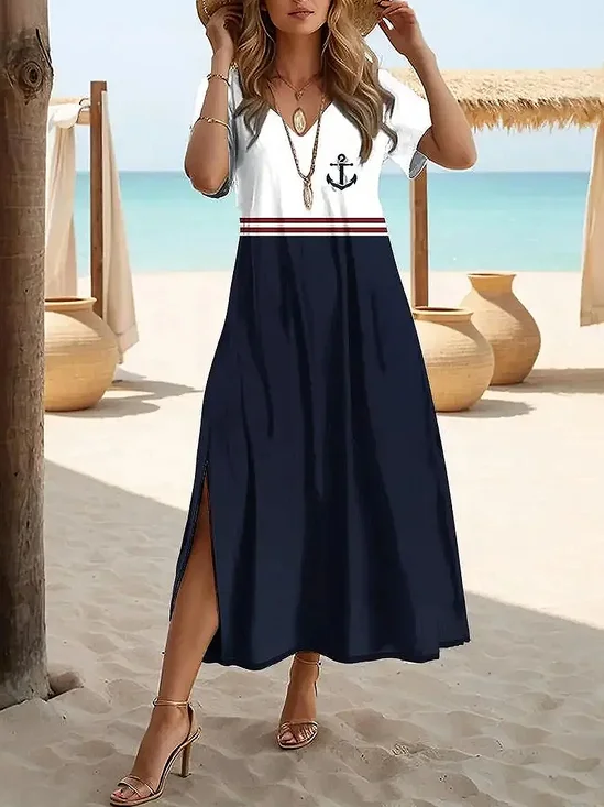 Women's Anchor Print Casual V-Neck Short Sleeve Dress