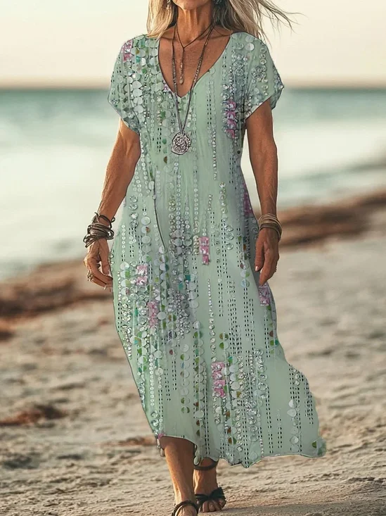 Women's Striped Print Casual V-Neck Short Sleeve Dress