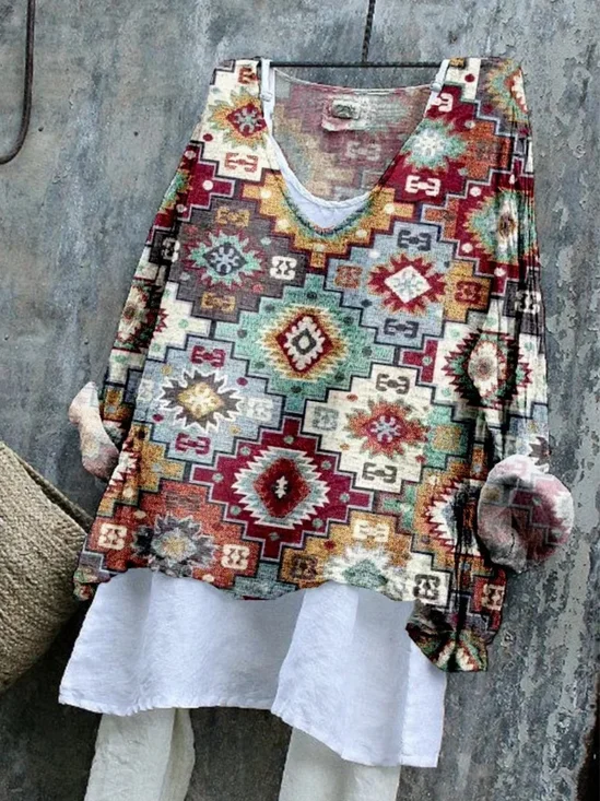 Casual Regular Fit Ethnic Geometry T-Shirt
