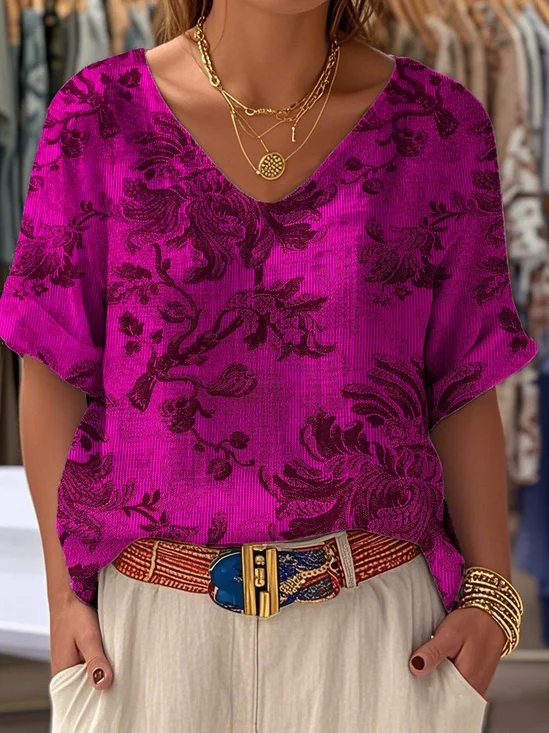 Floral Casual V Neck Loose Blouse