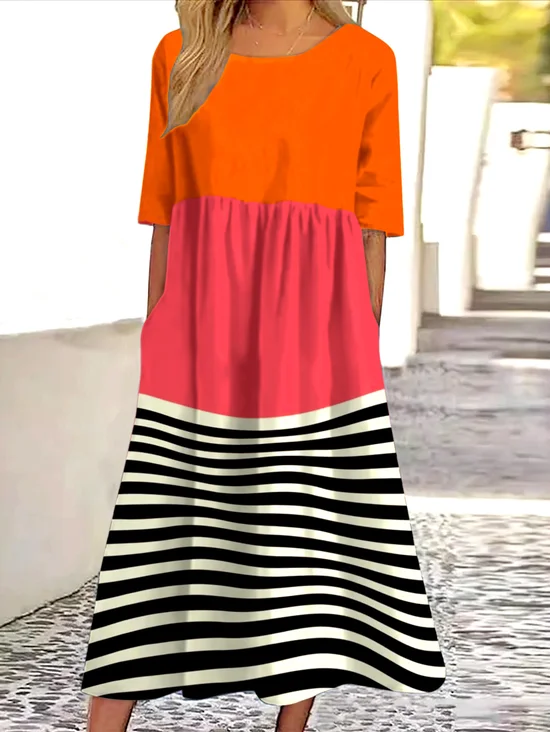 Cotton Casual Geometric Dress With No