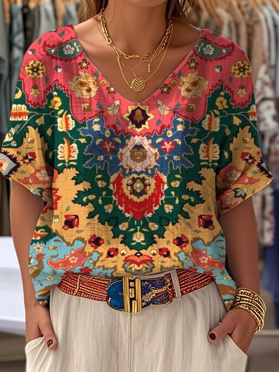 Multicolor Block V Neck Casual Blouse