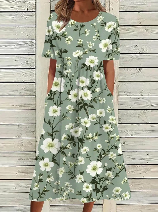 Floral Loose Casual Crew Neck Dress With No