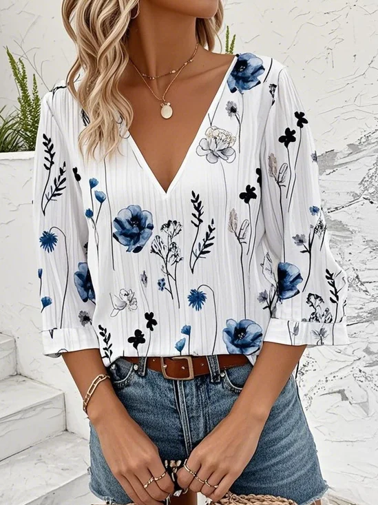 Loose V Neck Casual 3D Printing Blouse
