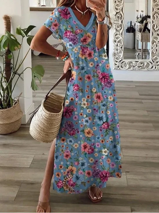 Women's Floral Spring Print V-Neck Short Sleeve Slit Dress