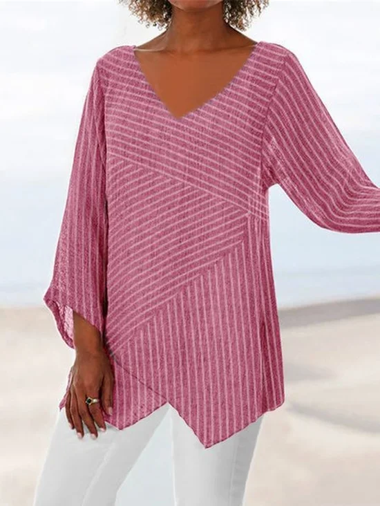 Striped Long Sleeve V Neck Cotton-Blend Top