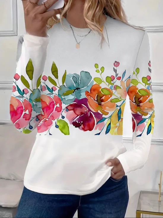 Women's Floral Print Spring Round Neck Casual Long Sleeve T-Shirt