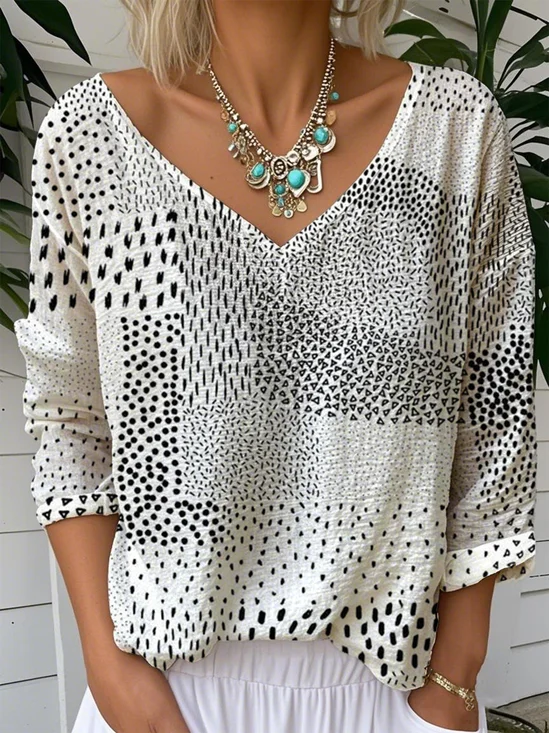 Black And White Colorblock V Neck Casual T-Shirt