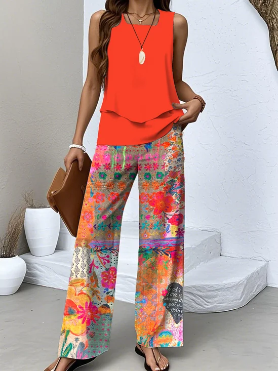 Multicolor Block Casual Crew Neck Two-Piece Set With No