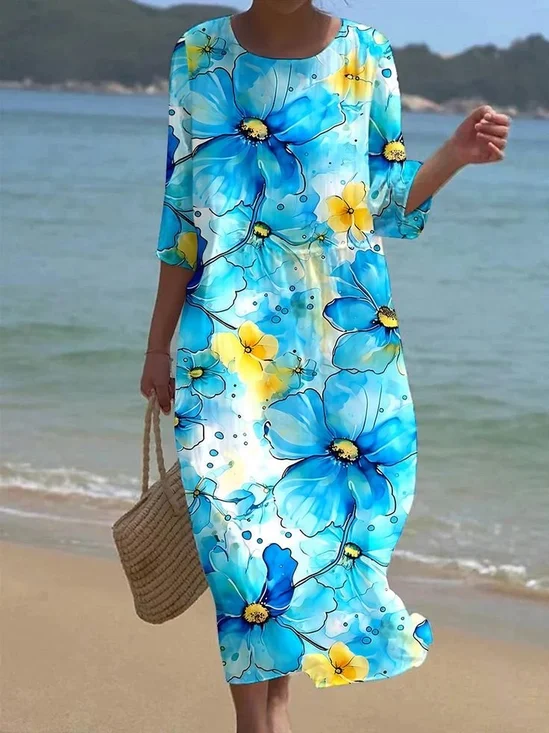 Printed Casual Mid Sleeve Round Neck Dress