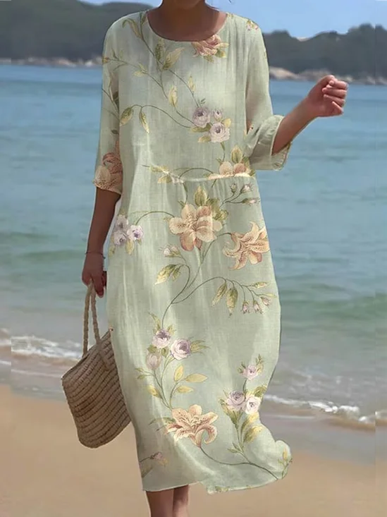 Printed Casual Mid Sleeve Round Neck Dress