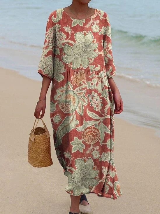 Printed Casual Mid Sleeve Round Neck Dress