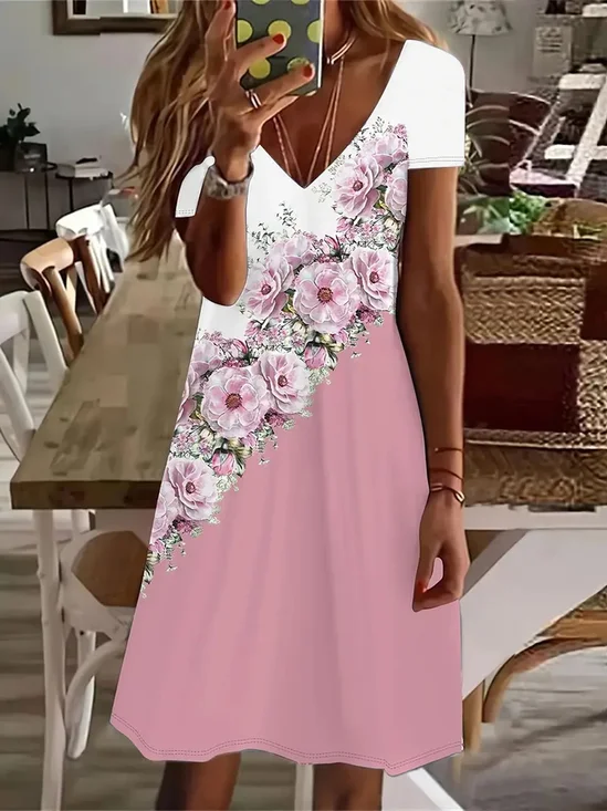 Women's Floral Spring Print Casual V-Neck Short Sleeve Dress