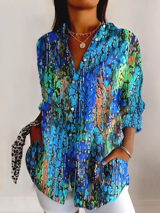 Shirt Collar Cotton Geometric Casual Shirt