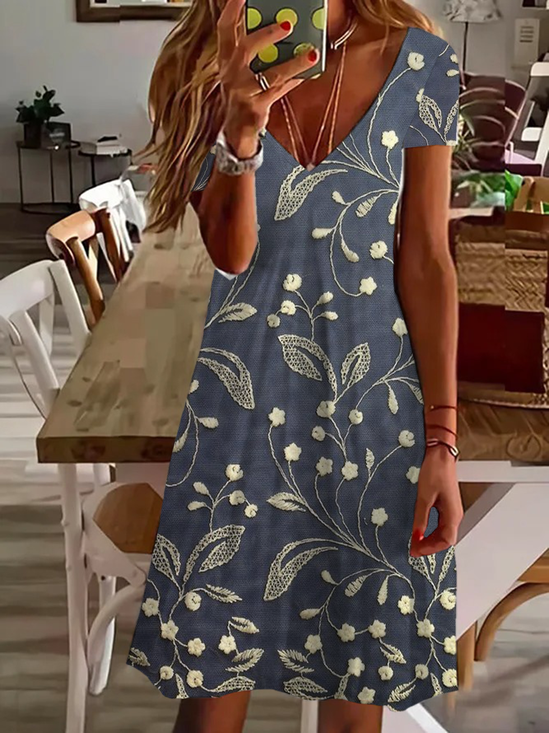 Women's Floral Spring Print Casual V Neck Short Sleeve Dress