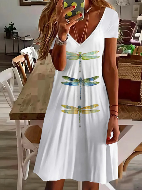 Women's Dragonfly Spring Print Casual V-Neck Short Sleeve Dress