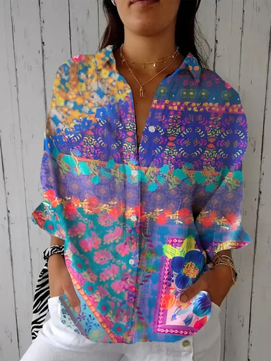 Casual Multicolor Block Loose Shirt Collar Shirt