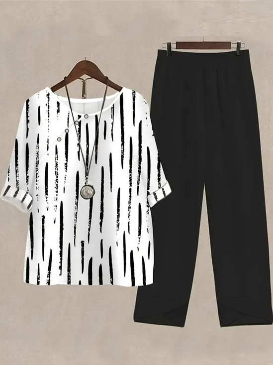 Women's Printing Striped Daily Going Out Two-Piece Set Black-white Casual Summer Top With Pants Matching Set